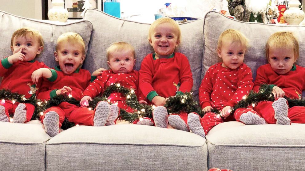 PHOTO: Kids pose for a Christmas photo. From left Hudson Daum (age 1), Carter Daum (3), Abby Eichner (7 months), twins Ben & Sophie Stockburger (2), and Luke Eichner (2). 