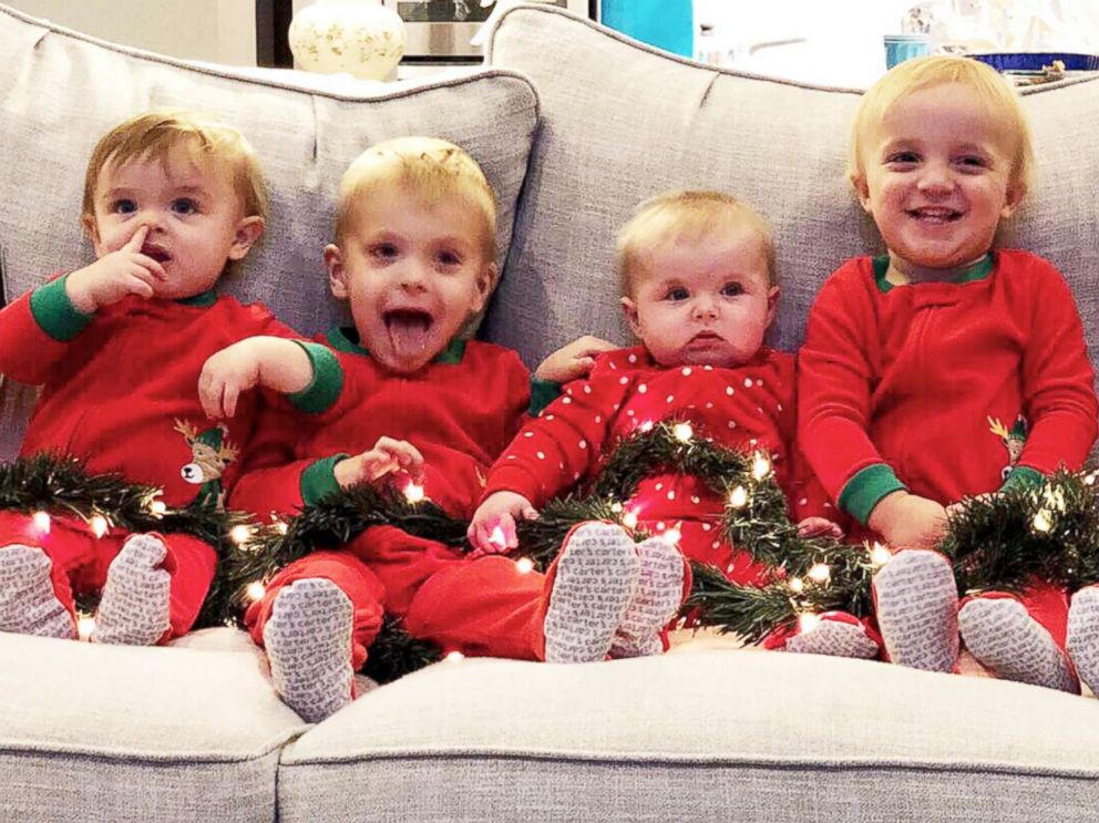 PHOTO: Kids pose for a Christmas photo. From left Hudson Daum (age 1), Carter Daum (3), Abby Eichner (7 months), twins Ben & Sophie Stockburger (2), and Luke Eichner (2).