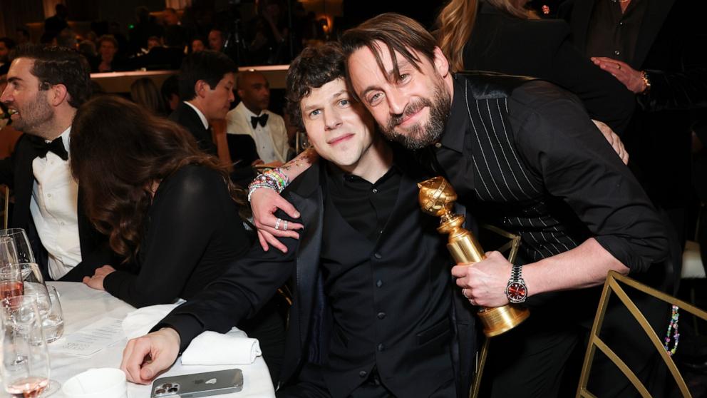 PHOTO: Jesse Eisenberg hugs Kieran Culkin who won the award for Male Supporting Actor - Motion Picture at the 82nd Annual Golden Globe Awards at the 82nd Annual Golden Globe Awards, Jan. 5, 2025, in Beverly Hills, Calif.