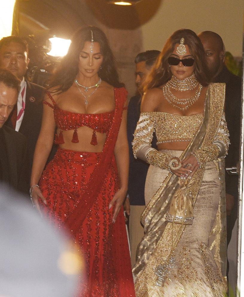 PHOTO: Kim Kardashian and Khloe Kardashian are seen arriving at the Anant Ambani wedding, July 12, 2024, in Mumbai, India. 