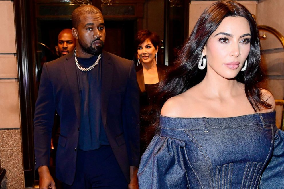 PHOTO: Kim Kardashian-West and Kanye West exit a hotel accompanied by Kris Jenner in the Manhattan area of New York on Nov 6, 2019.