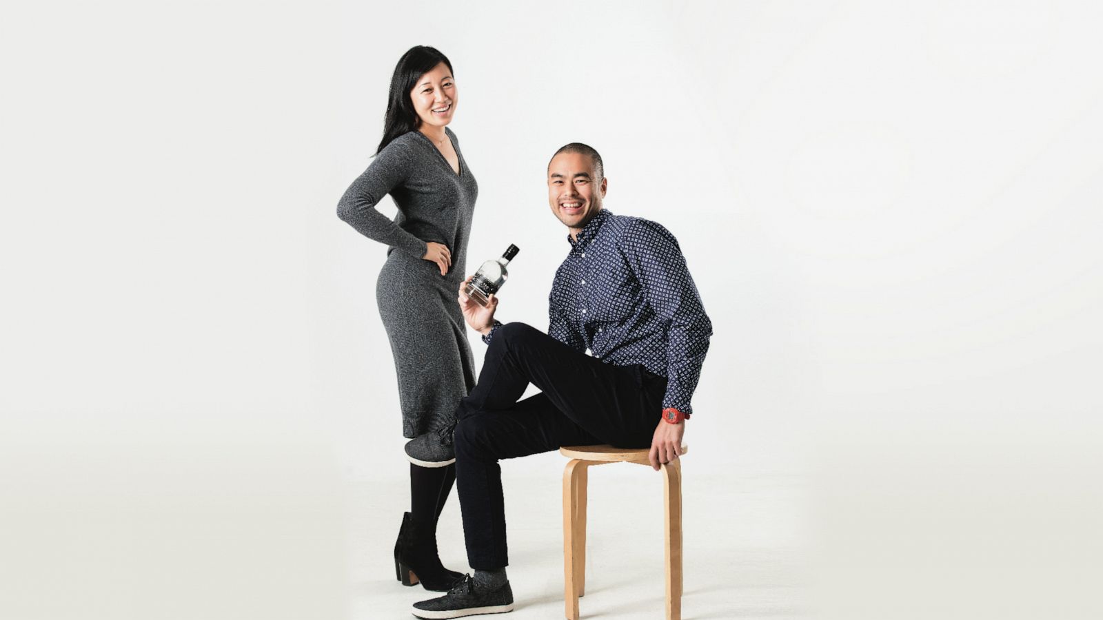 PHOTO: Entrepreneur Carolyn Kim and husband James Kumm are pictured with a bottle of Yobo Soju in this undated photo.