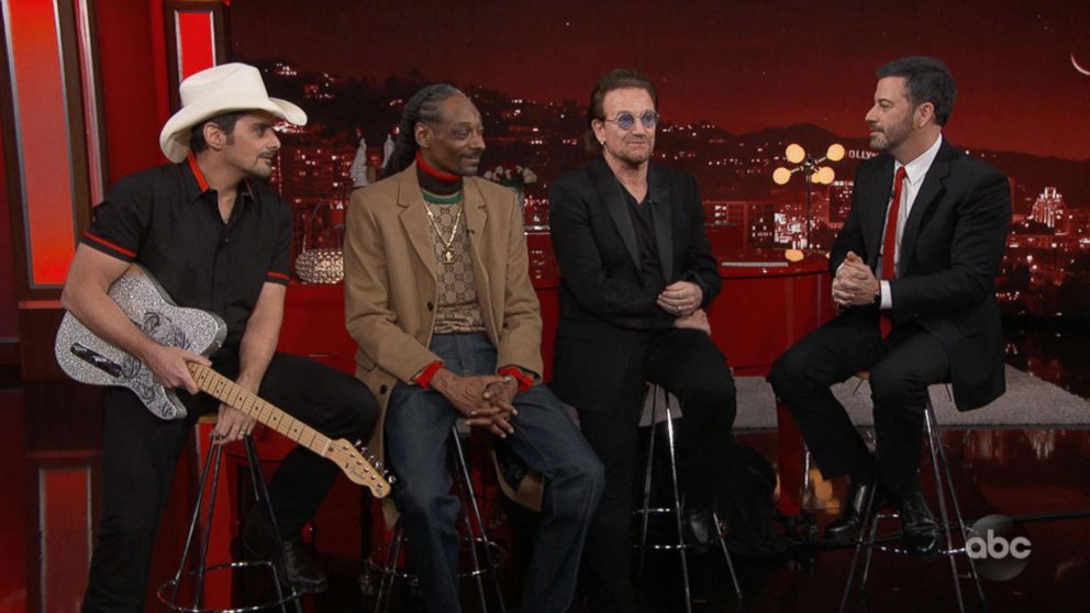 PHOTO: From left, Brad Paisley, Snoop Dogg and Bono talk with Jimmy Kimmel for annual (RED) benefit show on ABC, Nov. 19, 2018.