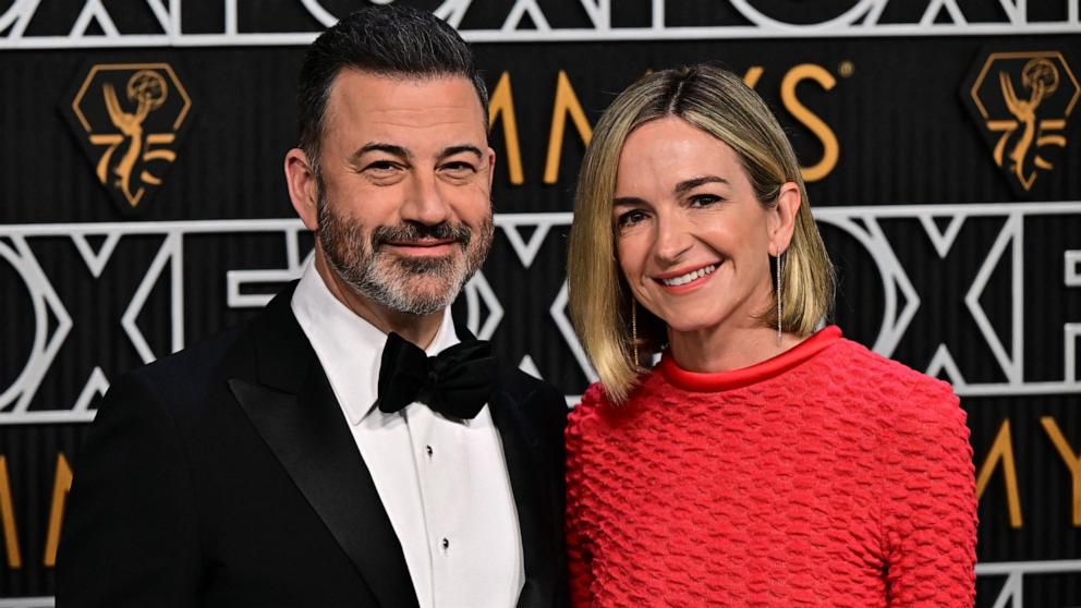 PHOTO: TV host Jimmy Kimmel and wife screenwriter Molly McNearney arrive for the 75th Emmy Awards at the Peacock Theatre at L.A. Live in Los Angeles on Jan. 15, 2024.