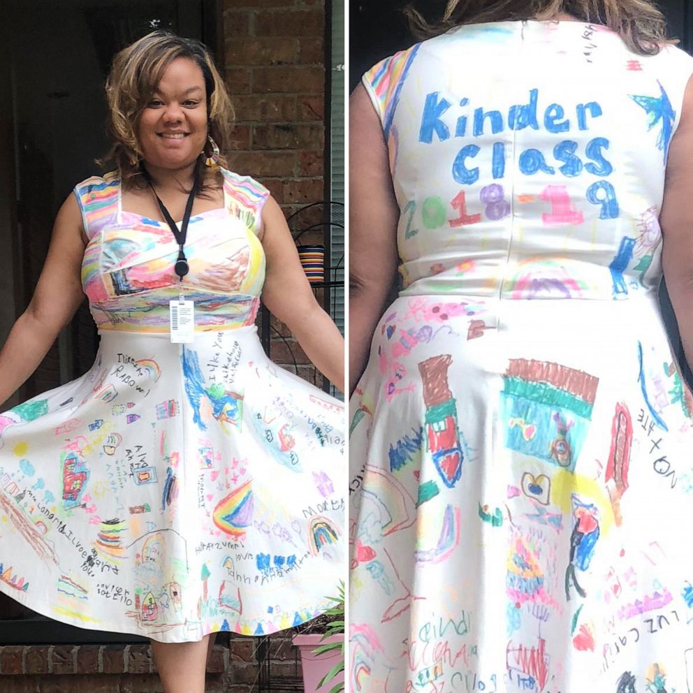 PHOTO: Wichita, Kansas kindergarten teacher Ashley Hicks had her students sign a white dress at the end of the year instead of a yearbook. 
