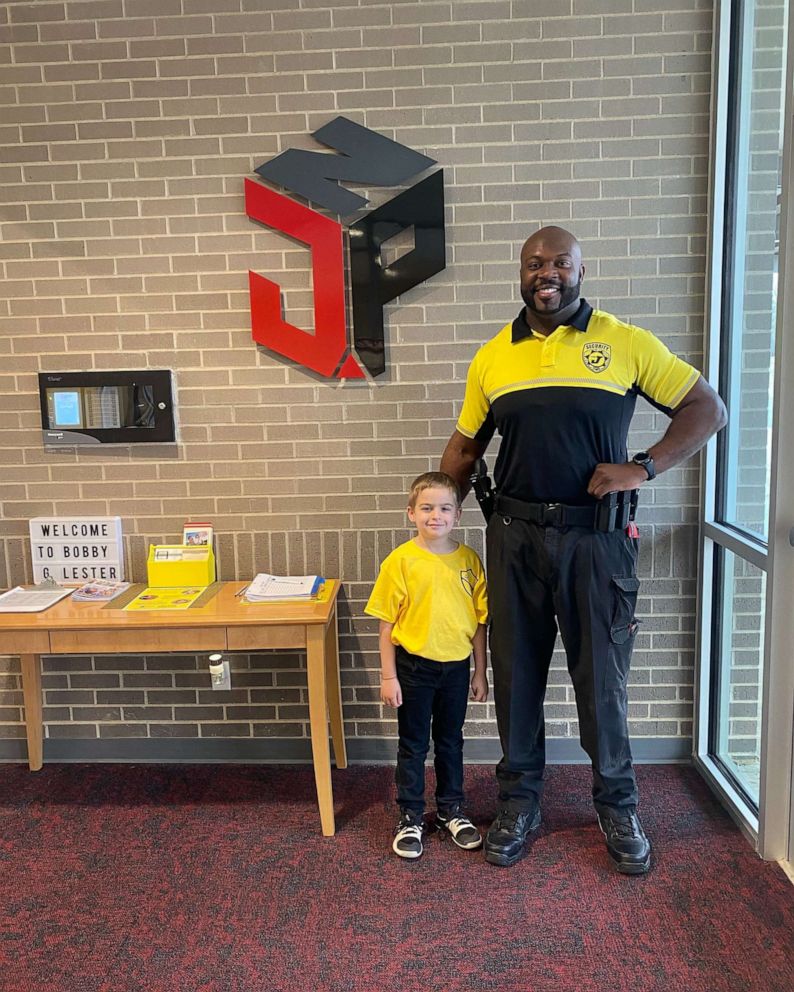 PHOTO: Easton Blocker, 5, arrived in March 2020 to Bobby G. Lester Elementary School in Jacksonville, Arkansas, in a uniform that matched Officer Cross.