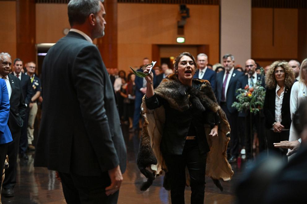 PHOTO: Australian politician, Senator Lidia Thorpe heckles King Charles III during the ceremonial welcome and Parliamentary reception at the Australian Parliament House on Oct. 21, 2024, in Canberra, Australia. 