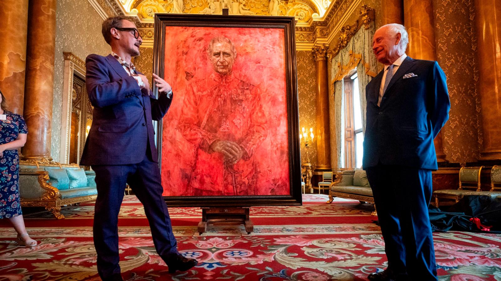 PHOTO: Artist Jonathan Yeo, left, and Britain's King Charles III at the unveiling of artist Yeo's portrait of the King, in the blue drawing room at Buckingham Palace, in London, May 14, 2024.