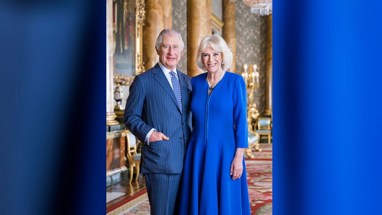 PHOTO: In this photo provided by Buckingham Palace on April 4, 2023, Britain's King Charles III and Camilla, the Queen Consort pose for a photo in the Blue Drawing Room at Buckingham Palace, London.