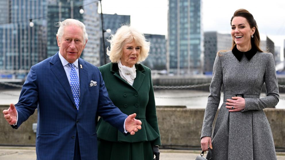 PHOTO: Prince Charles, Prince of Wales, Camilla, Duchess of Cornwall and Catherine, Duchess of Cambridge arrive for their visit to The Prince's Foundation training site for arts and culture at Trinity Buoy Wharf, Feb. 3, 2022, in London.