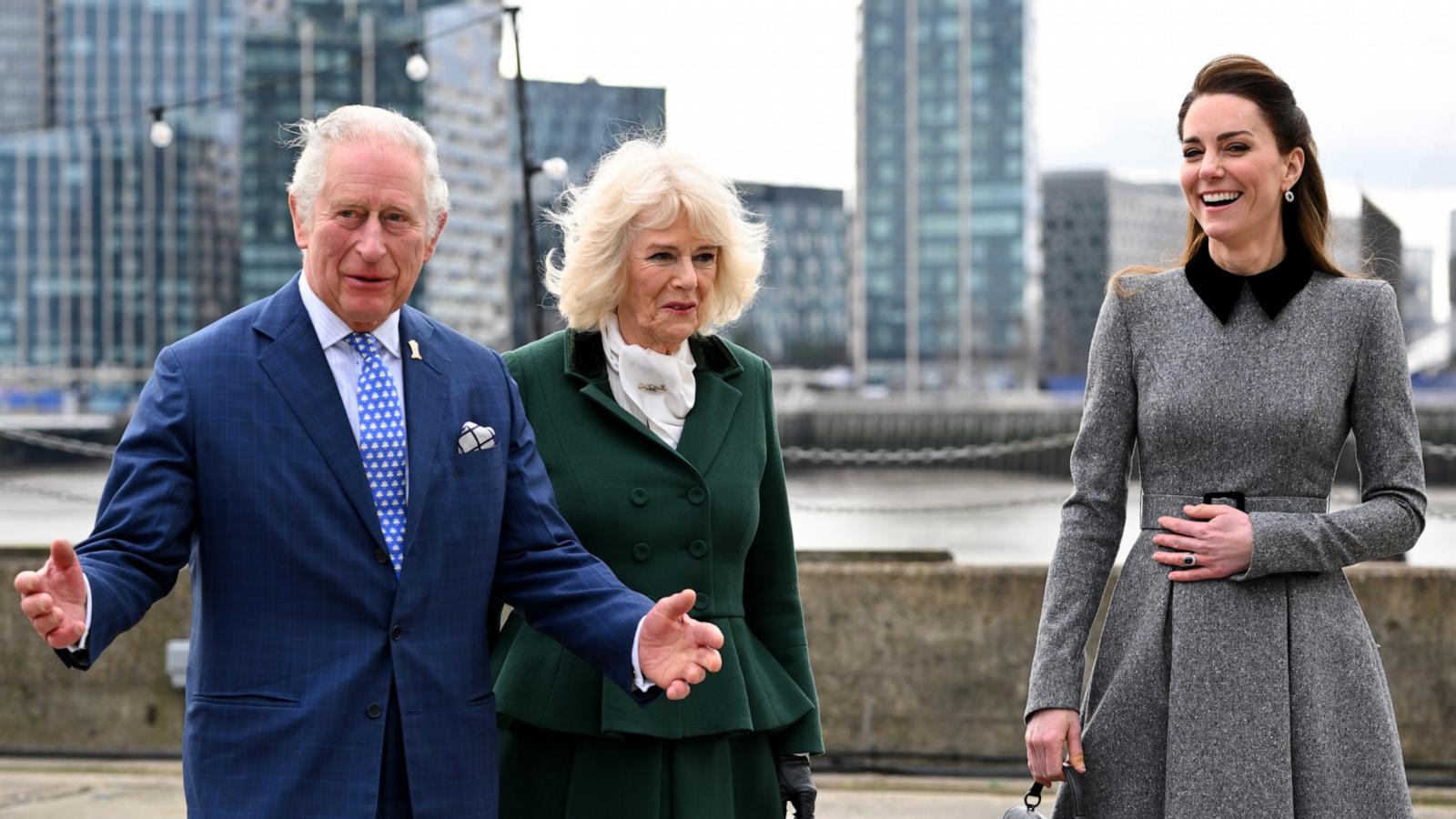 PHOTO: Prince Charles, Prince of Wales, Camilla, Duchess of Cornwall and Catherine, Duchess of Cambridge arrive for their visit to The Prince's Foundation training site for arts and culture at Trinity Buoy Wharf, Feb. 3, 2022, in London.