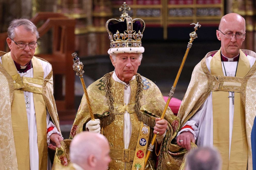 PHOTO: King Charles III stands after being crowned during his coronation ceremony in Westminster Abbey, on May 6, 2023, in London.