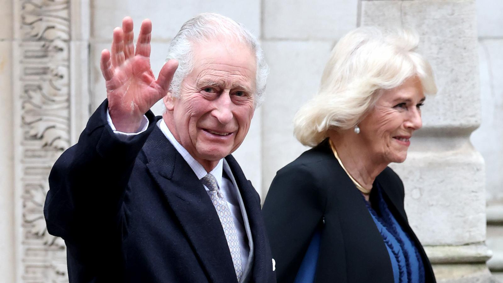 PHOTO: King Charles III departs with Queen Camilla after receiving treatment for an enlarged prostate at The London Clinic, Jan. 29, 2024, in London.