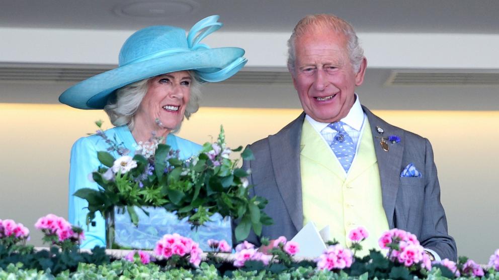 PHOTO: Queen Camilla and King Charles III smile as they attend day four of Royal Ascot 2026 at Ascot Racecourse, June 19, 2026 in Ascot, England. 