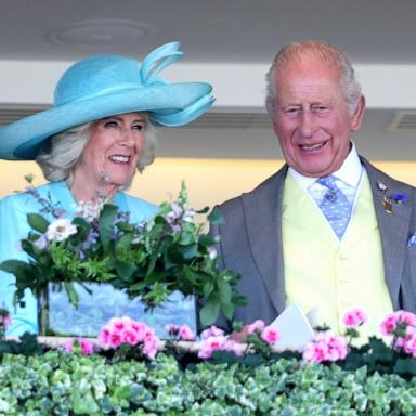 PHOTO: Queen Camilla and King Charles III smile as they attend day four of Royal Ascot 2026 at Ascot Racecourse, June 19, 2026 in Ascot, England. 