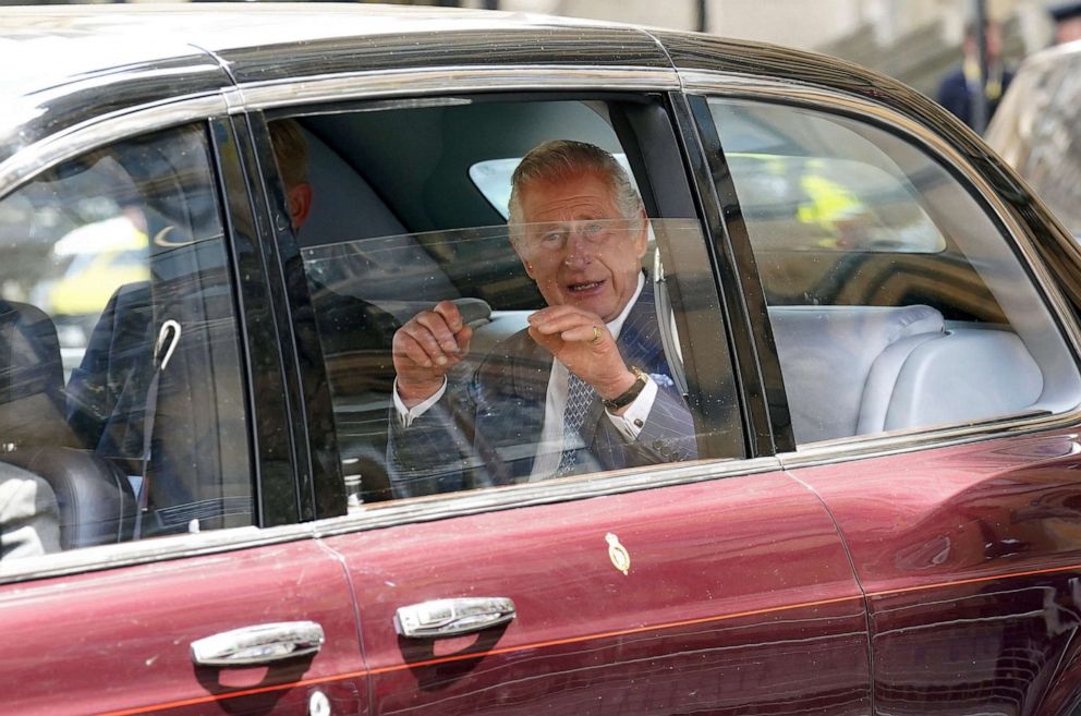 PHOTO: Britain's King Charles III leaves Westminster Abbey in London, May 3, 2023, following a rehearsal for the coronation.