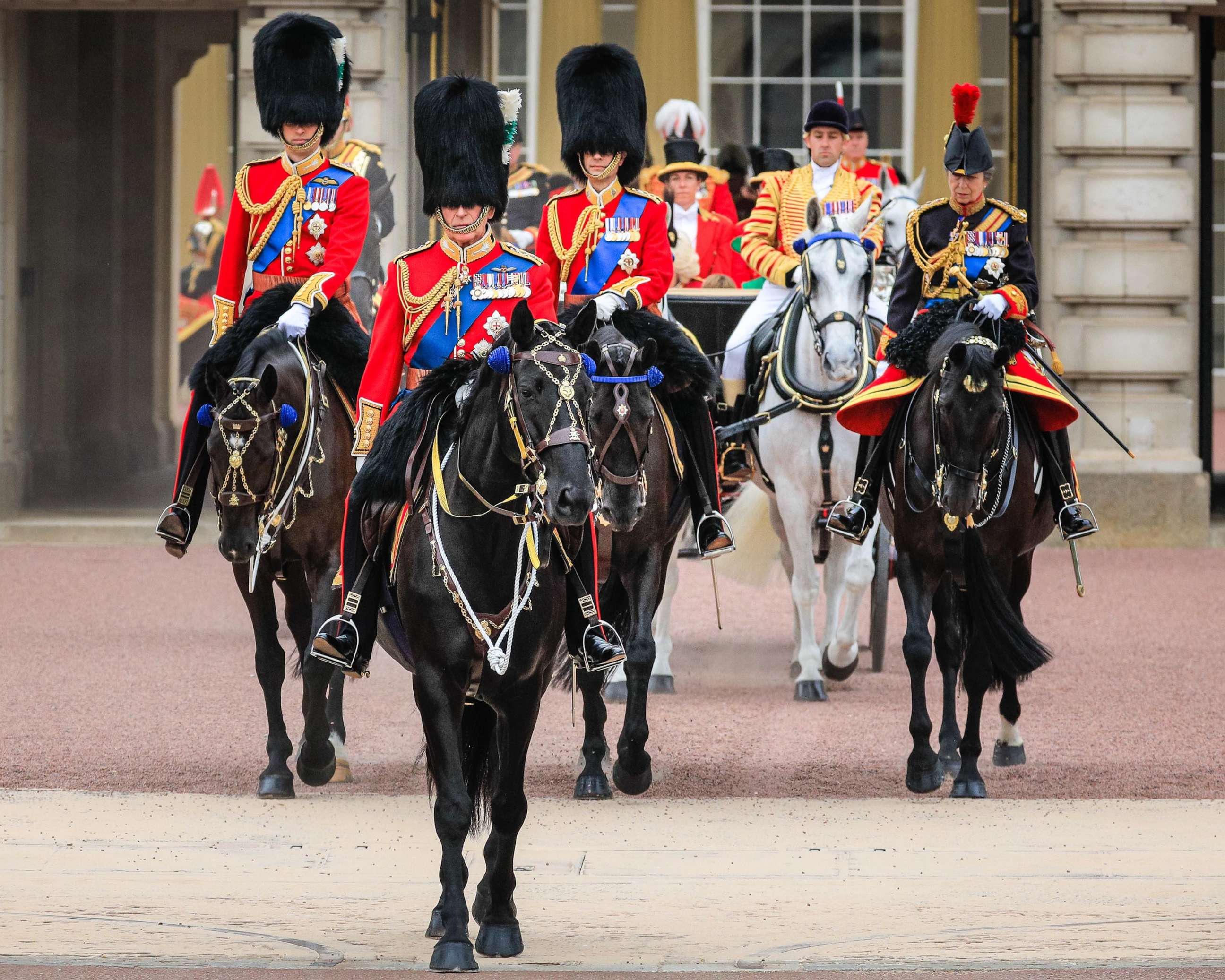 PHOTO: King Charles III, on horseback, with Prince William and Prince Edward by his side, and Princess Anne behind, as they come out of the Buckingham Palace gates for Trooping of the Colour, on June 17, 2023, in London.