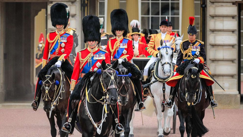 PHOTO: King Charles III, on horseback, with Prince William and Prince Edward by his side, and Princess Anne behind, as they come out of the Buckingham Palace gates for Trooping of the Colour, on June 17, 2023, in London.