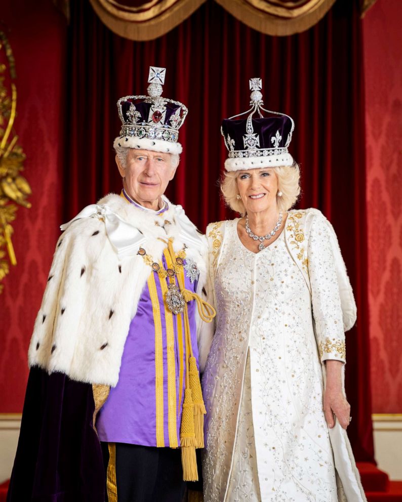 PHOTO: King Charles III and Queen Camilla are pictured in the Throne Room at Buckingham Palace, London, in a photo made available by Buckingham Palace, May 8, 2023, following the coronation.