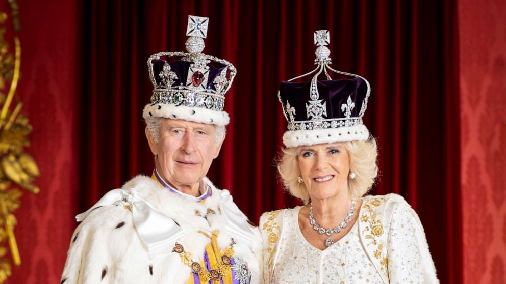 PHOTO: King Charles III and Queen Camilla are pictured in the Throne Room at Buckingham Palace, London, in a photo made available by Buckingham Palace, May 8, 2023, following the coronation.