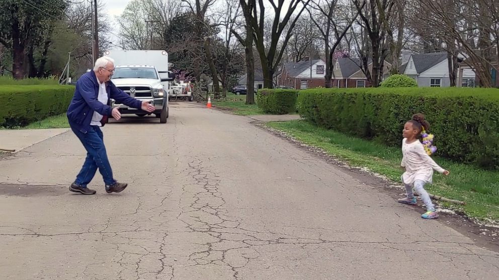 PHOTO: Kira Neely, 6, and her grandfather, Marvin Neely, 80, have dance-offs in their Nashville neighborhood during the coronavirus quarantine, as seen in an image made from video shared via Facebook on March 28, 2020.