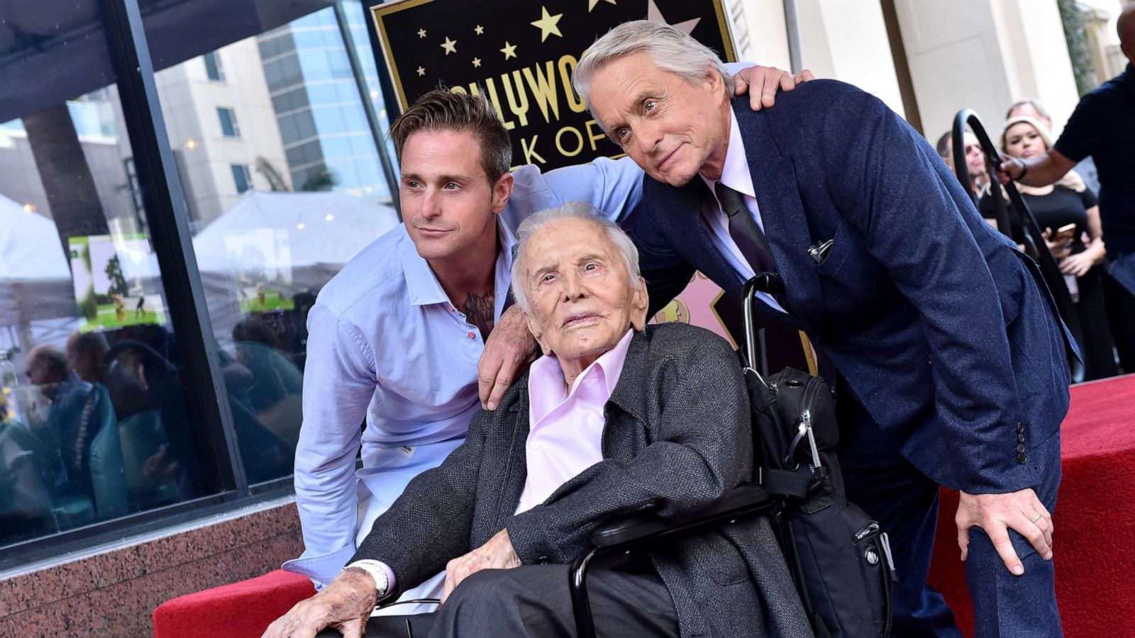 PHOTO: Cameron Douglas, Kirk Douglas and Michael Douglas attend the ceremony honoring Michael Douglas with star on the Hollywood Walk of Fame, Nov. 06, 2018, in Hollywood, Calif.