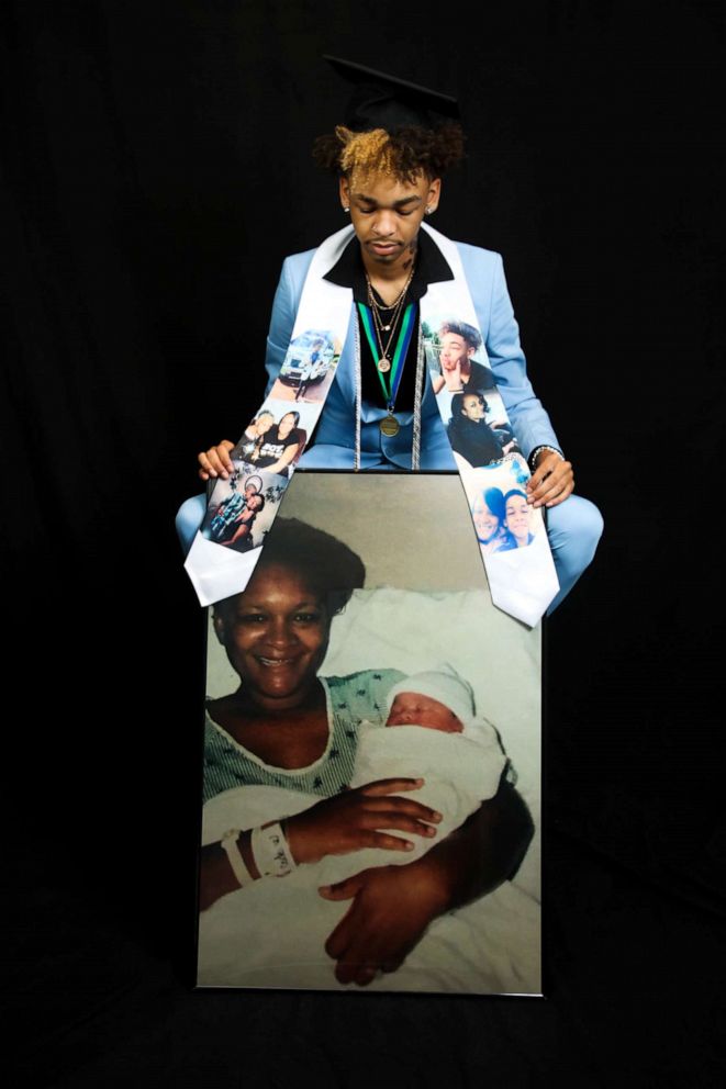 PHOTO: KJ Morgan, 17, from Georgia, honored his late mom, who aspired to be cheering at his graduation, with a photoshoot that included pictures of her.