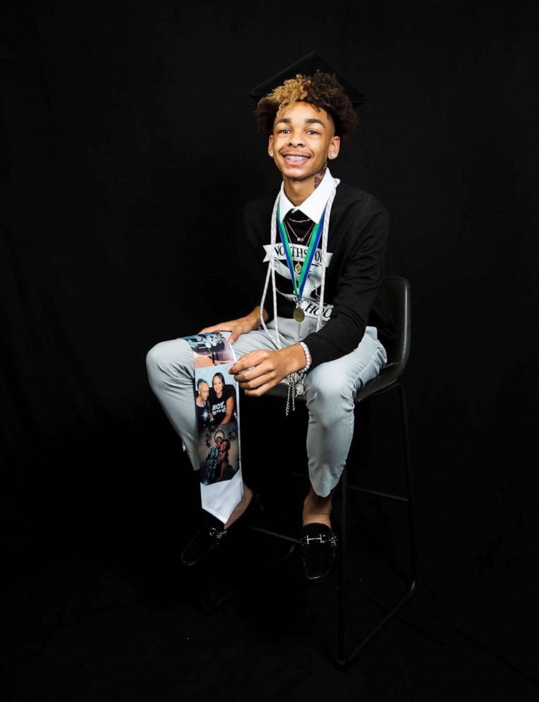 PHOTO: KJ Morgan, 17, from Georgia, honored his late mom, who aspired to be cheering at his graduation, with a photoshoot that included pictures of her.