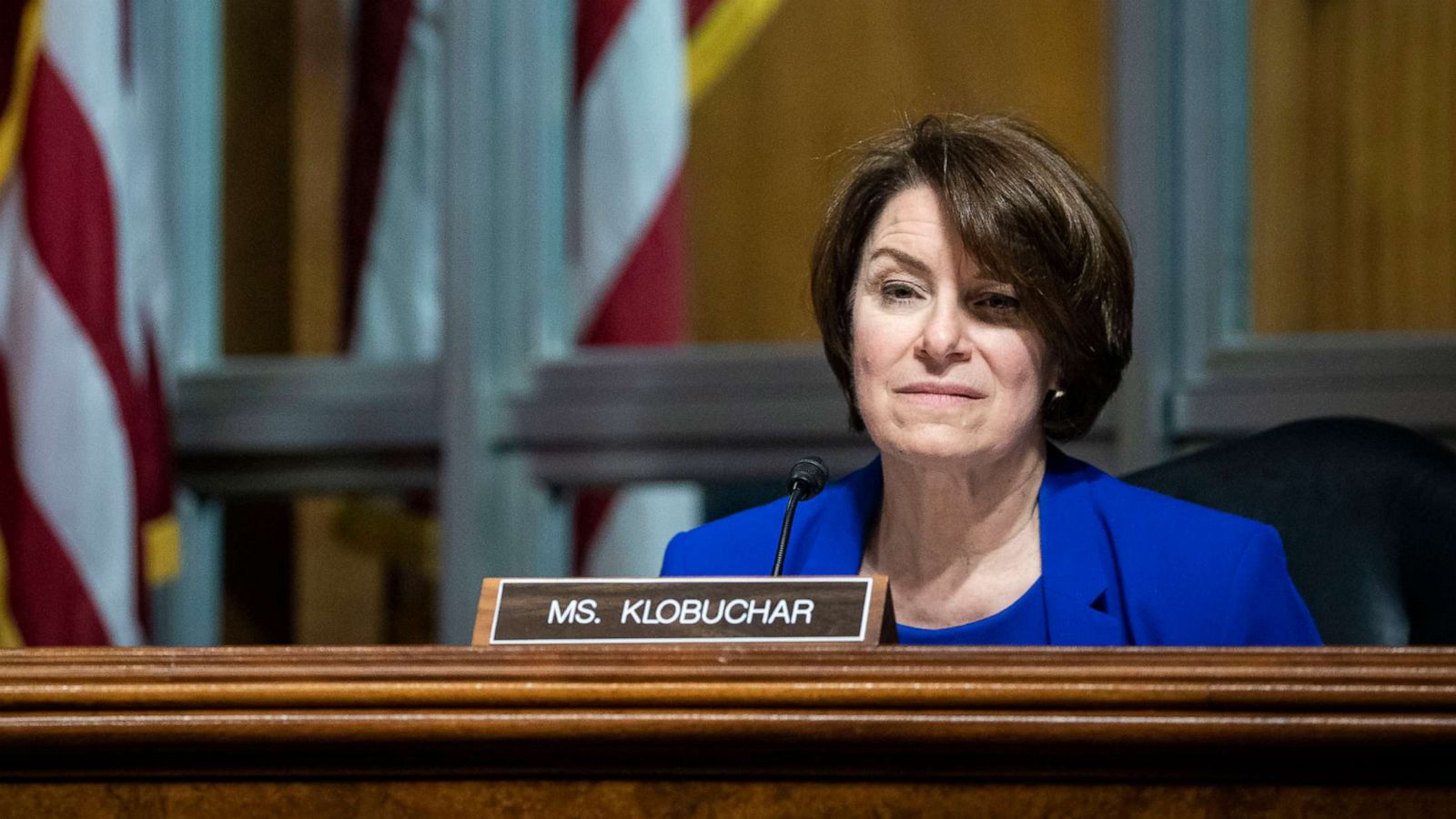 PHOTO: Sen. Amy Klobuchar listens during a Senate Judiciary Subcommittee on Privacy, Technology, and the Law hearing April 27, 2021 on Capitol Hill in Washington, D.C.