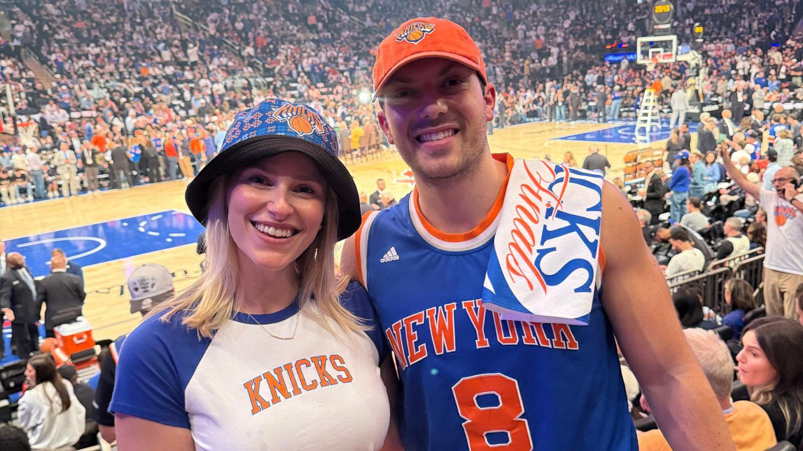 PHOTO: New York Knicks fans Katherine McCall and Mike Katsnelson had to come up with a new plan when they learned the Knicks' ticker-tape parade and ceremony on June 18, 2026, coincided with their City Hall wedding.
