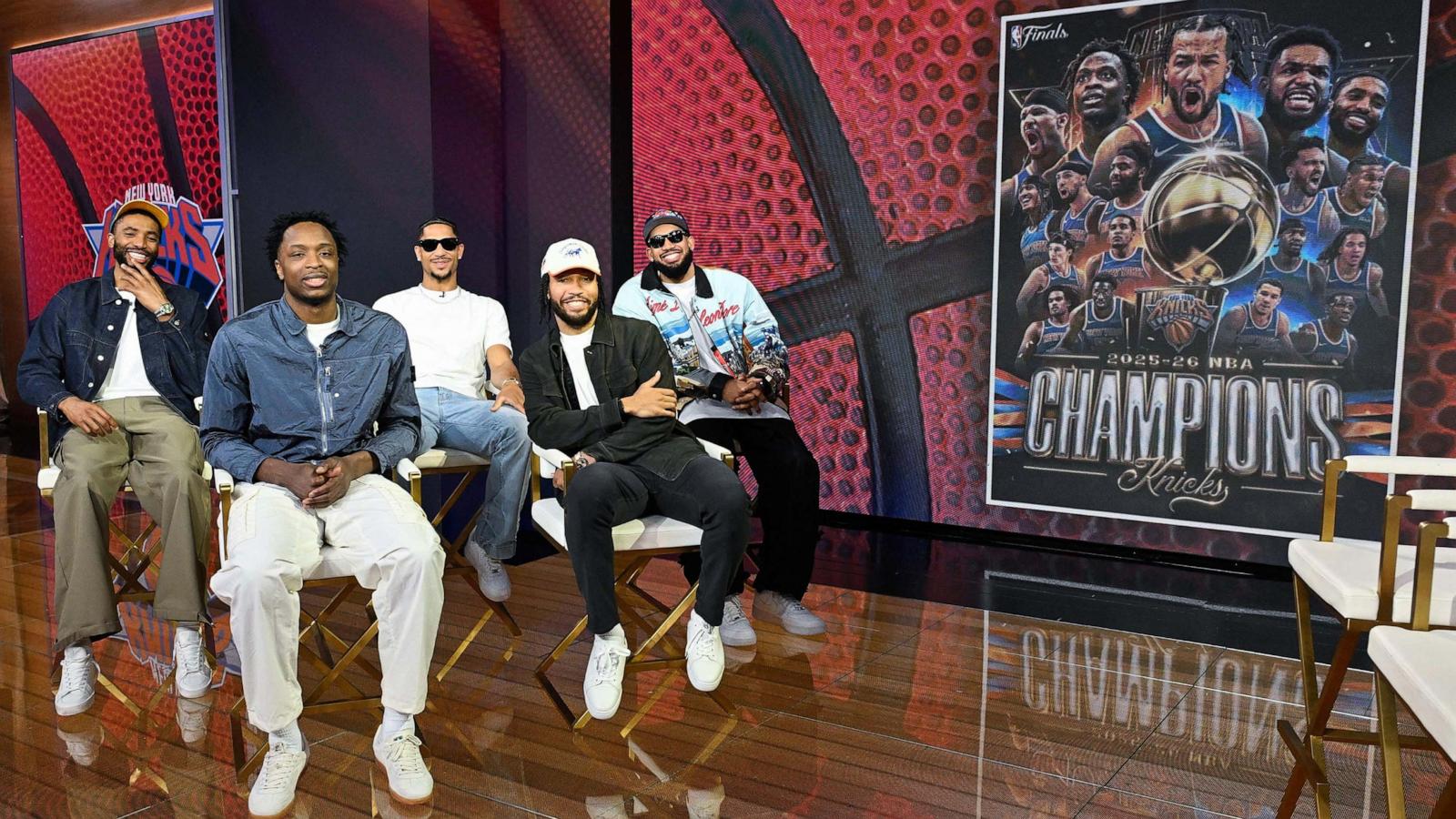 PHOTO: Knicks star players Karl Anthony Towns, OG Anunoby, Mikal Bridges, Josh Hart and Jalen Brunson joined "Good Morning America," June 15, 2026, after their NBA Championship win.