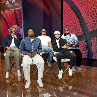 PHOTO: Knicks star players Karl Anthony Towns, OG Anunoby, Mikal Bridges, Josh Hart and Jalen Brunson joined "Good Morning America," June 15, 2026, after their NBA Championship win.