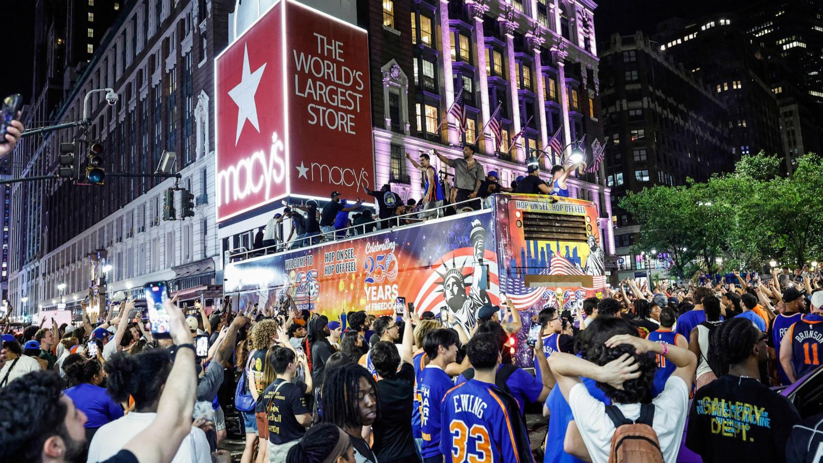 PHOTO: Knicks fans celebrate in Central Park after the New York Knicks defeated the San Antonio Spurs in Game 5 of the NBA Finals to win the series, in New York, on June 13, 2026.