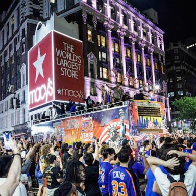 PHOTO: Knicks fans celebrate in Central Park after the New York Knicks defeated the San Antonio Spurs in Game 5 of the NBA Finals to win the series, in New York, on June 13, 2026.