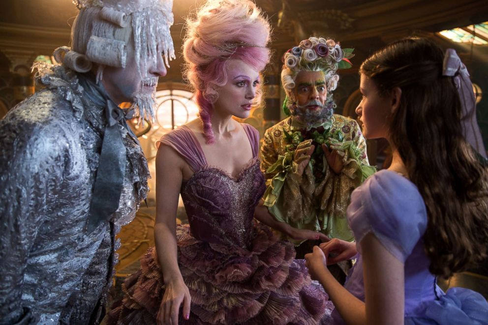 PHOTO: Richard E. Grant as Shiver, left, Keira Knightley as The Sugar Plum Fairy, Eugenio Derbrez as Hawthorne and Mackenzie Foy is Clara in Disney's "The Nutcracker and the Four Realms."