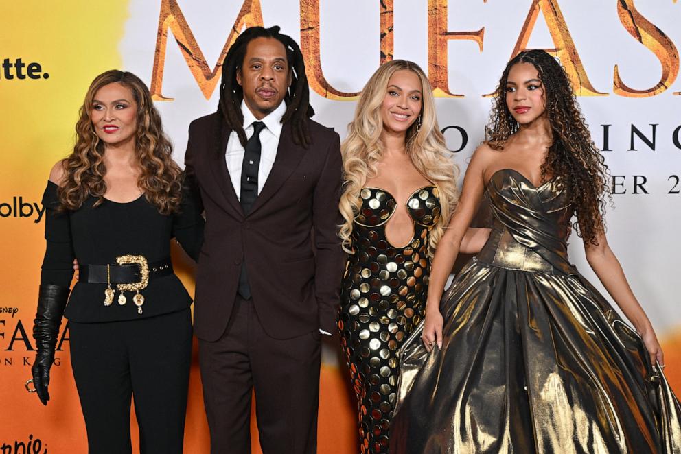 PHOTO: (L-R) Tina Knowles, Jay-Z, Beyoncé and Blue Ivy Carter attend the world premiere of Disney's "Mufasa: The Lion King" at the Dolby theater, Dec. 9, 2024, in Hollywood, Calif.