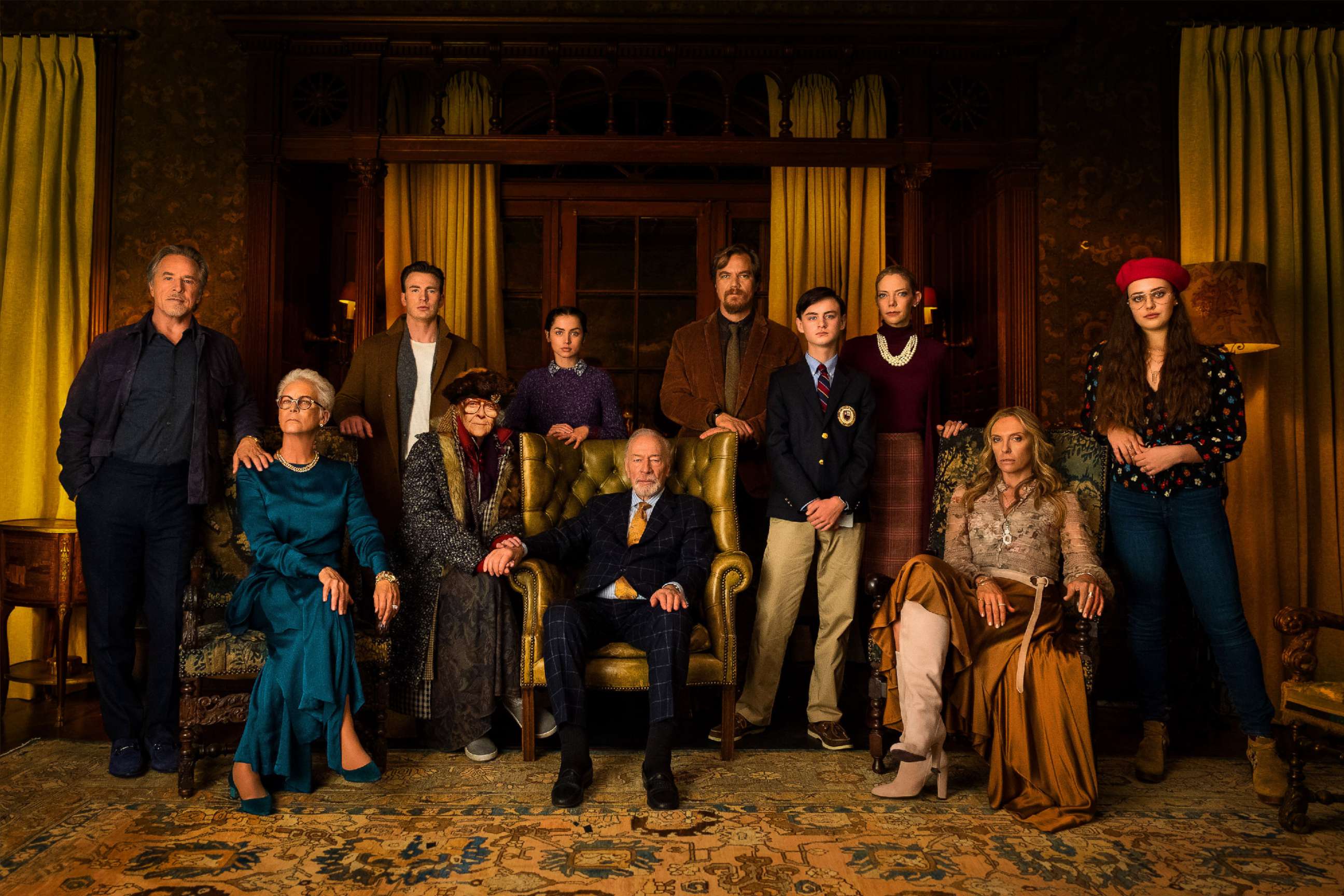 PHOTO: From left to right, Don Johnson, Jamie Lee, Chris Evans, K Callan, Ana de Armas, Christopher Plummer, Michael Shannon, Jaeden Lieberher, Riki Lindholm, Toni Collette and Katherine Langford appear on set of the 2019 movie, "Knives Out."