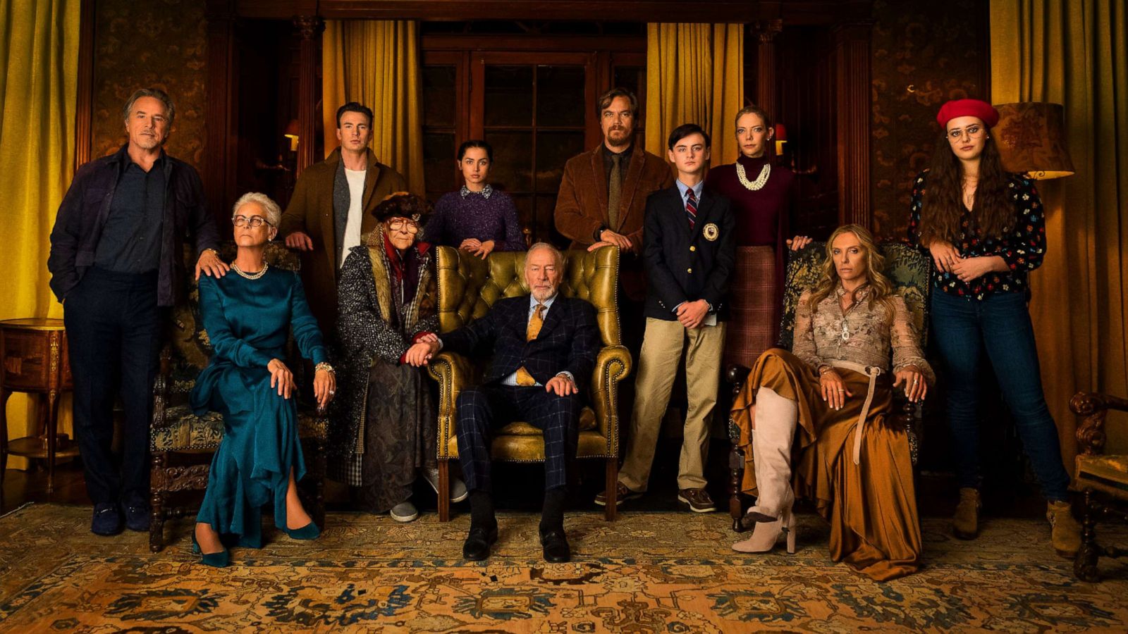 PHOTO: From left to right, Don Johnson, Jamie Lee, Chris Evans, K Callan, Ana de Armas, Christopher Plummer, Michael Shannon, Jaeden Lieberher, Riki Lindholm, Toni Collette and Katherine Langford appear on set of the 2019 movie, "Knives Out."