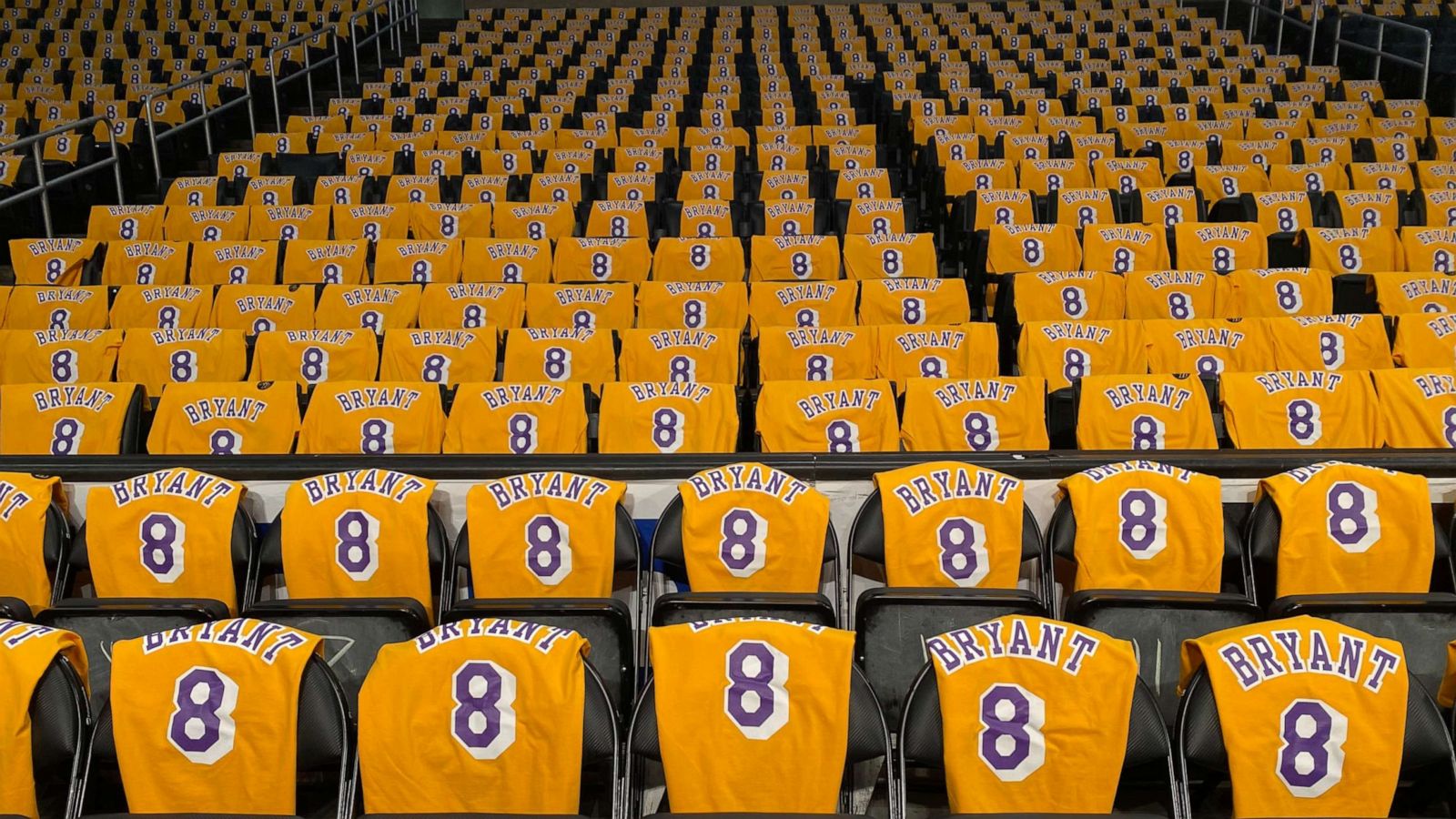 PHOTO: Kobe Bryant shirts are set on seats inside the Staples Center in advance of the Los Angeles Lakers game against the Portland Trail Blazers in Los Angeles, Jan. 31, 2020.