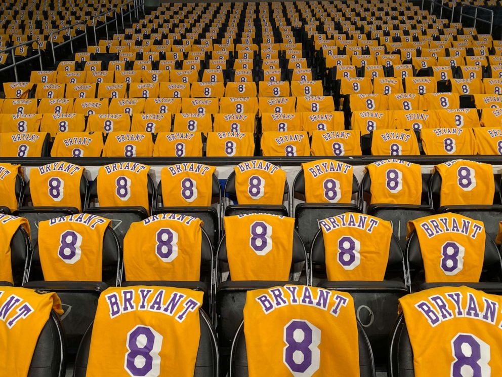 PHOTO: Kobe Bryant shirts are set on seats inside the Staples Center in advance of the Los Angeles Lakers game against the Portland Trail Blazers in Los Angeles, Jan. 31, 2020.