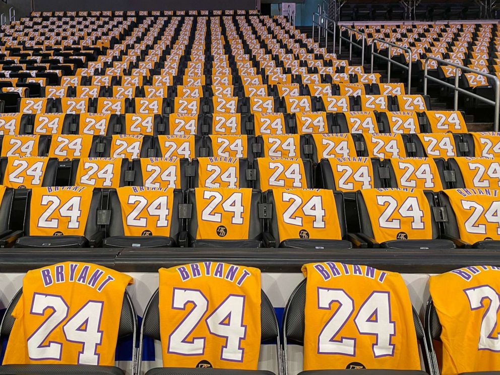 PHOTO: Kobe Bryant shirts are set on seats inside the Staples Center in advance of the Los Angeles Lakers game against the Portland Trail Blazers in Los Angeles, Jan. 31, 2020.