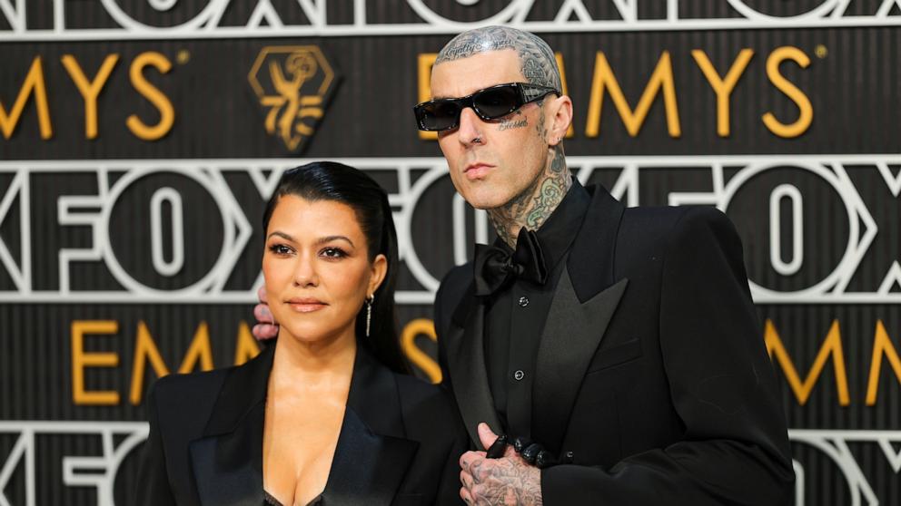 PHOTO: Kourtney Kardashian and Travis Barker attend the 75th Primetime Emmy Awards at Peacock Theater in Los Angeles, Jan. 15, 2024.