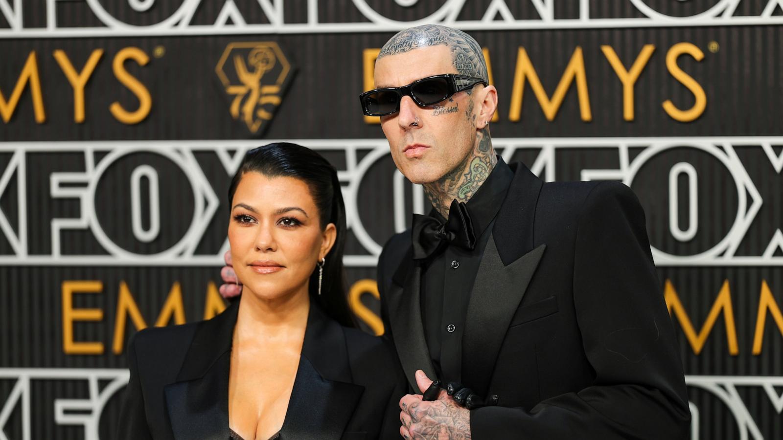 PHOTO: Kourtney Kardashian and Travis Barker attend the 75th Primetime Emmy Awards at Peacock Theater in Los Angeles, Jan. 15, 2024.