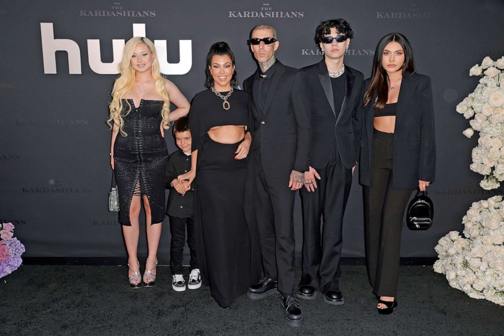 PHOTO: Alabama Barker, Reign Disick, Kourtney Kardashian, Travis Barker, Landon Barker and Atiana De La Hoya attend the Los Angeles premiere of Hulu's new show "The Kardashians" at Goya Studios on April 7, 2022 in Los Angeles.