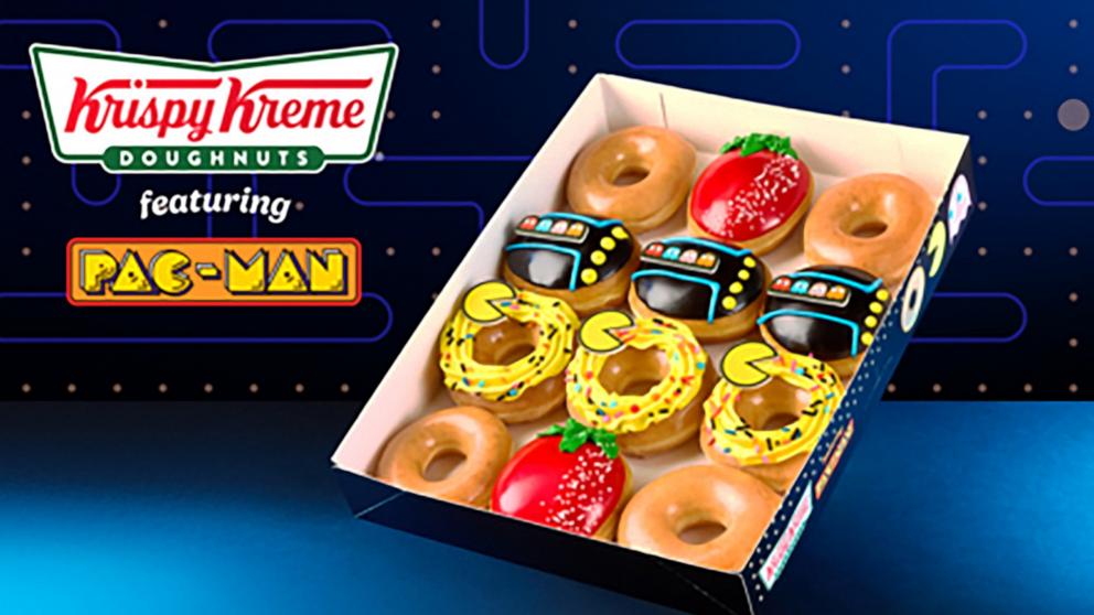 PHOTO: Krispy Kreme celebrates Pac-Man's 45th Anniversary with three new doughnuts in a nostalgic custom PAC-MAN game.