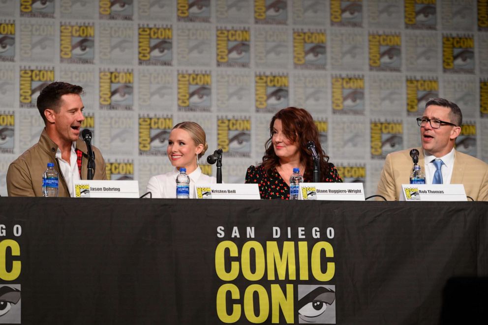 PHOTO: Jason Bohring, Kristen Bell, Diane Ruggiero-Wright and Rob Thomas attend Hulu's "Veronica Mars" revival panel and world premiere during 2019 Comic-Con International at San Diego Convention Center on July 19, 2019, in San Diego.