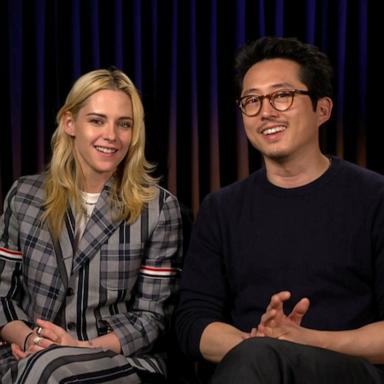 PHOTO: Kristen Stewart and Steven Yeun in an interview with "GMA" for their new film "Love Me."