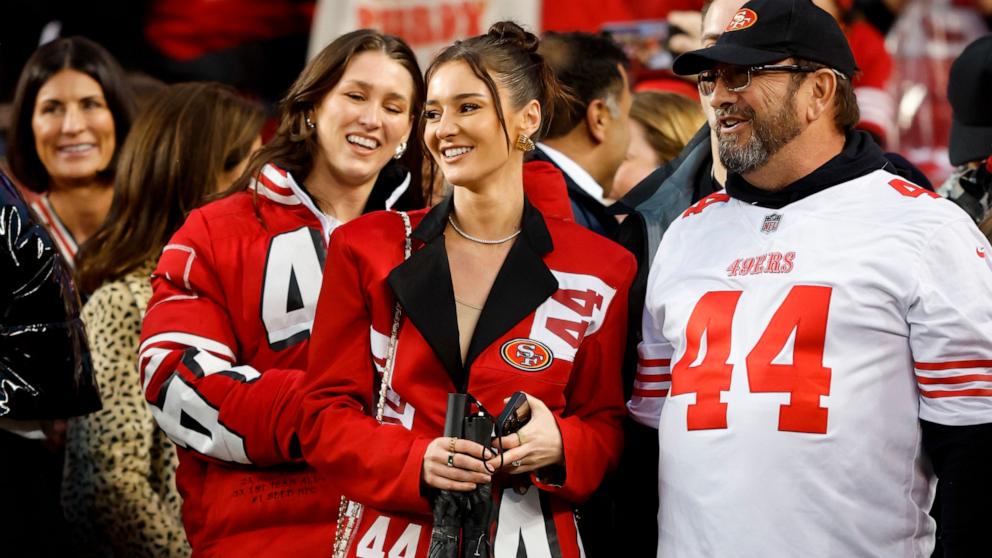 PHOTO: Kristin Juszczyk, wife of Kyle Juszczyk #44 of the San Francisco 49ers (not pictured), looks on before the NFC Divisional Playoffs between the Green Bay Packers and the San Francisco 49ers at Levi's Stadium on Jan. 20, 2024 in Santa Clara, Calif.