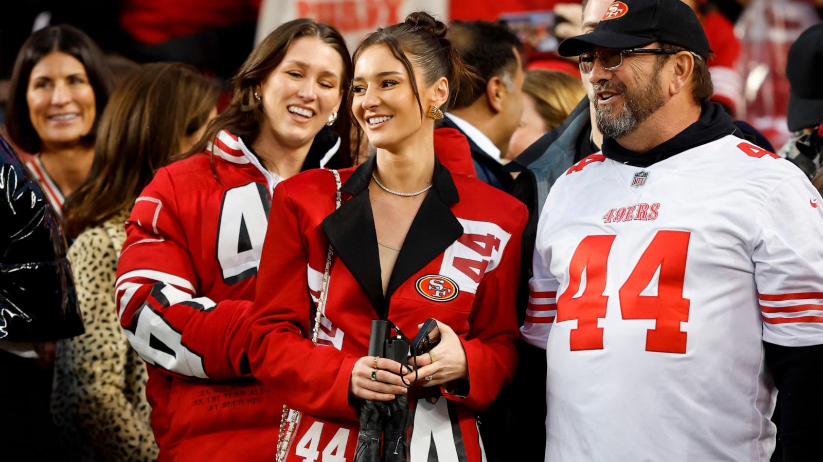 PHOTO: Kristin Juszczyk, wife of Kyle Juszczyk #44 of the San Francisco 49ers (not pictured), looks on before the NFC Divisional Playoffs between the Green Bay Packers and the San Francisco 49ers at Levi's Stadium on Jan. 20, 2024 in Santa Clara, Calif.