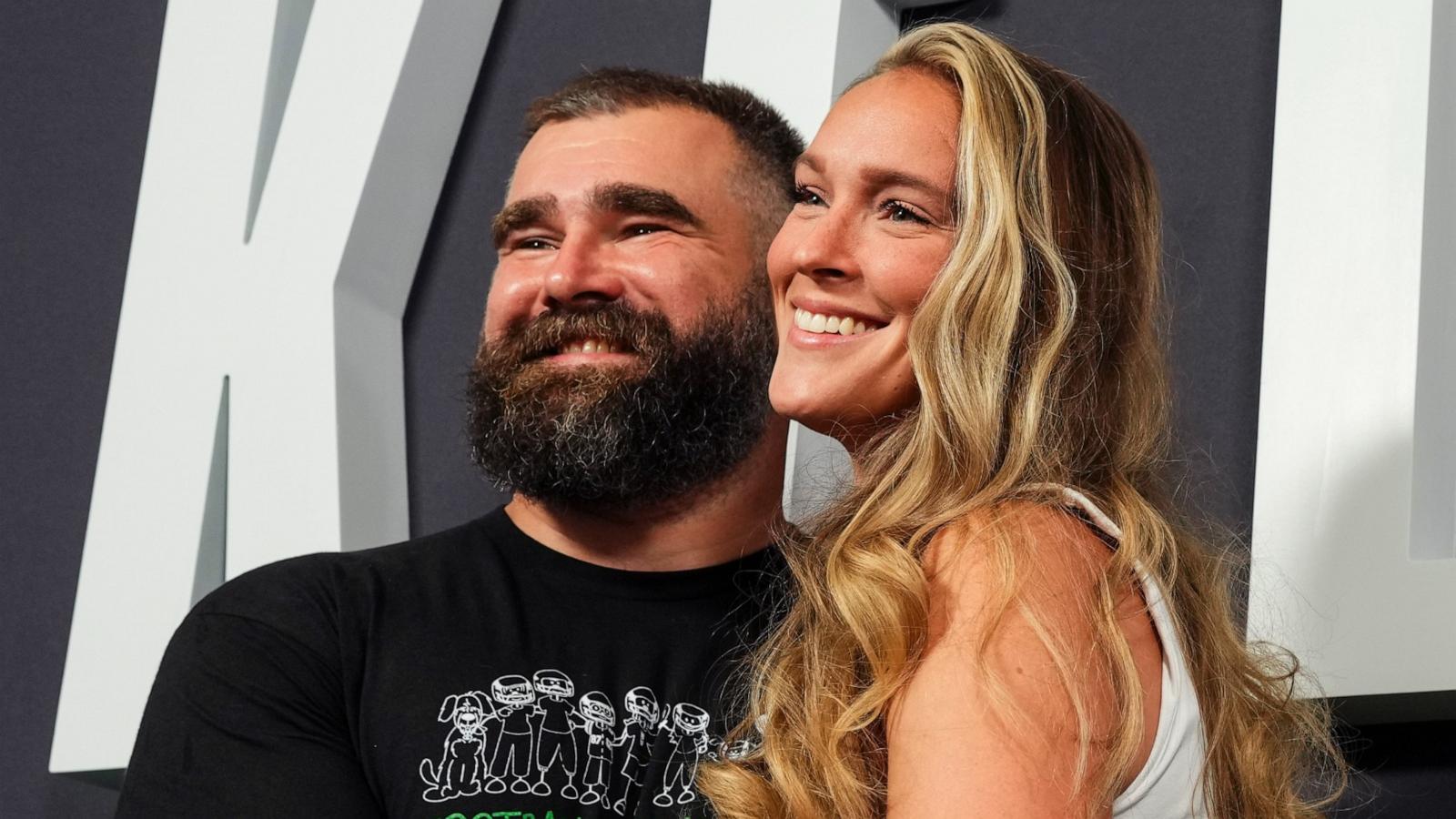 PHOTO: Jason Kelce poses for a photo with Kylie Kelce during the Kelce documentary premiere at Suzanne Roberts Theater on Sept. 8, 2023 in Philadelphia.